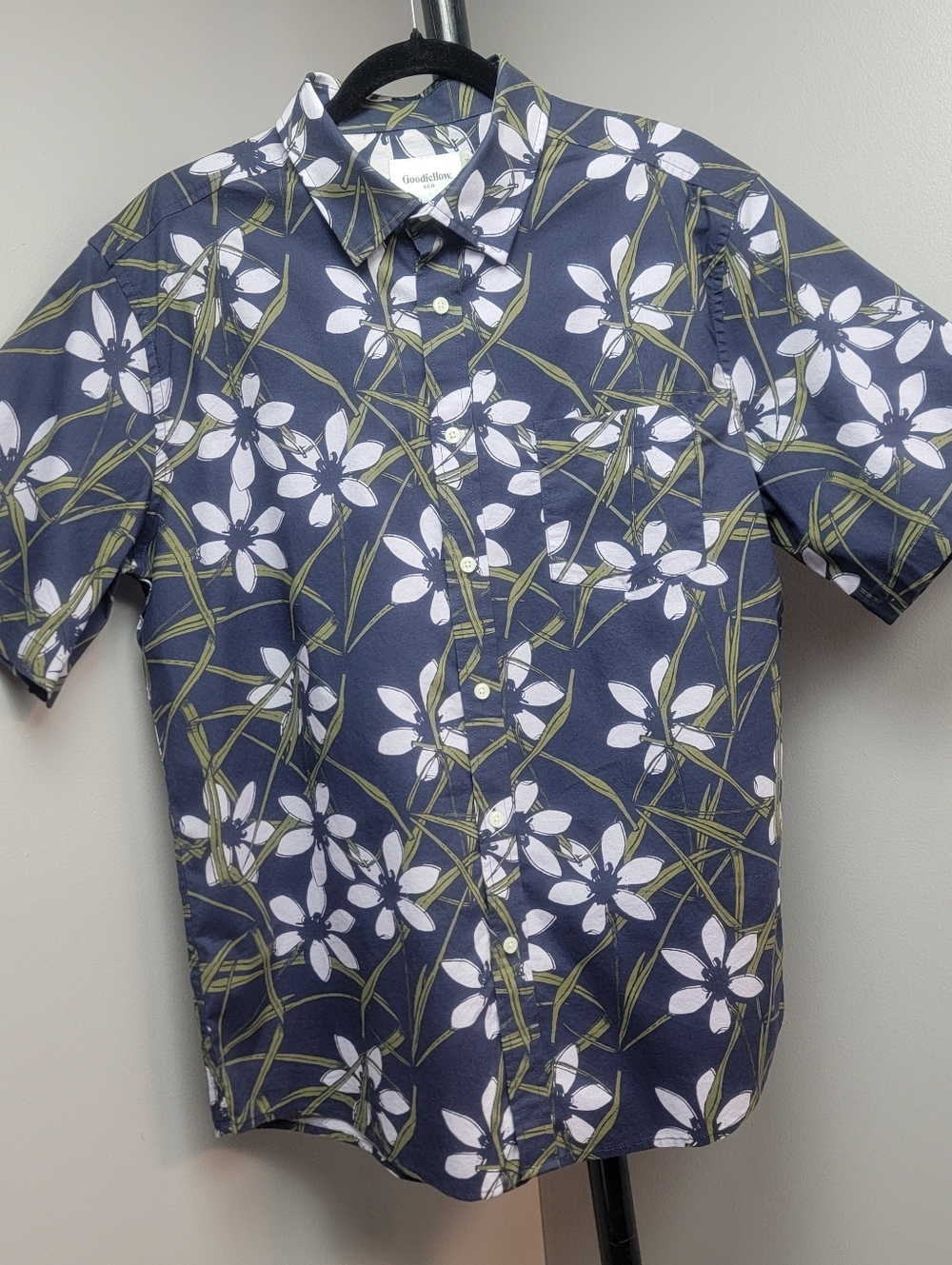 Goodfellow&Co Mens Navy Short-Sleeve Floral Tropical Button-Down Shirt Top Sz L